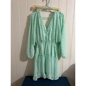 Peach Love California Mint Green Swiss Dot Ruffle V-Neck Smocked Mini Dress M
